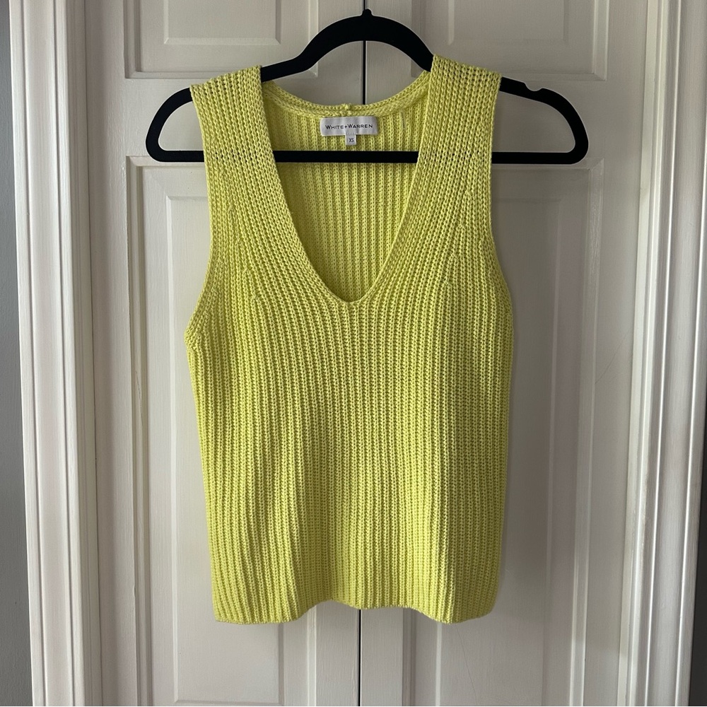 White + Warren Cotton Tape Sleeveless Ribbed V-Neck Sweater